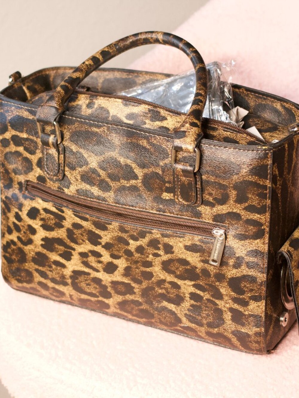 Drinkware Leopard Print Top-Handle Satchel - Brown/Gold